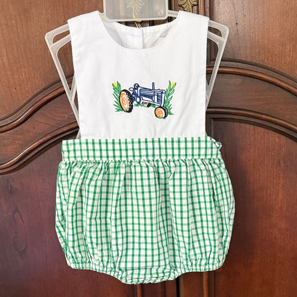Tractor Bubble Romper THE SMOCKING PLACE Green Gingham 6M